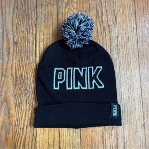 Y2k Pink Victoria Secret black and white pom pom beanie